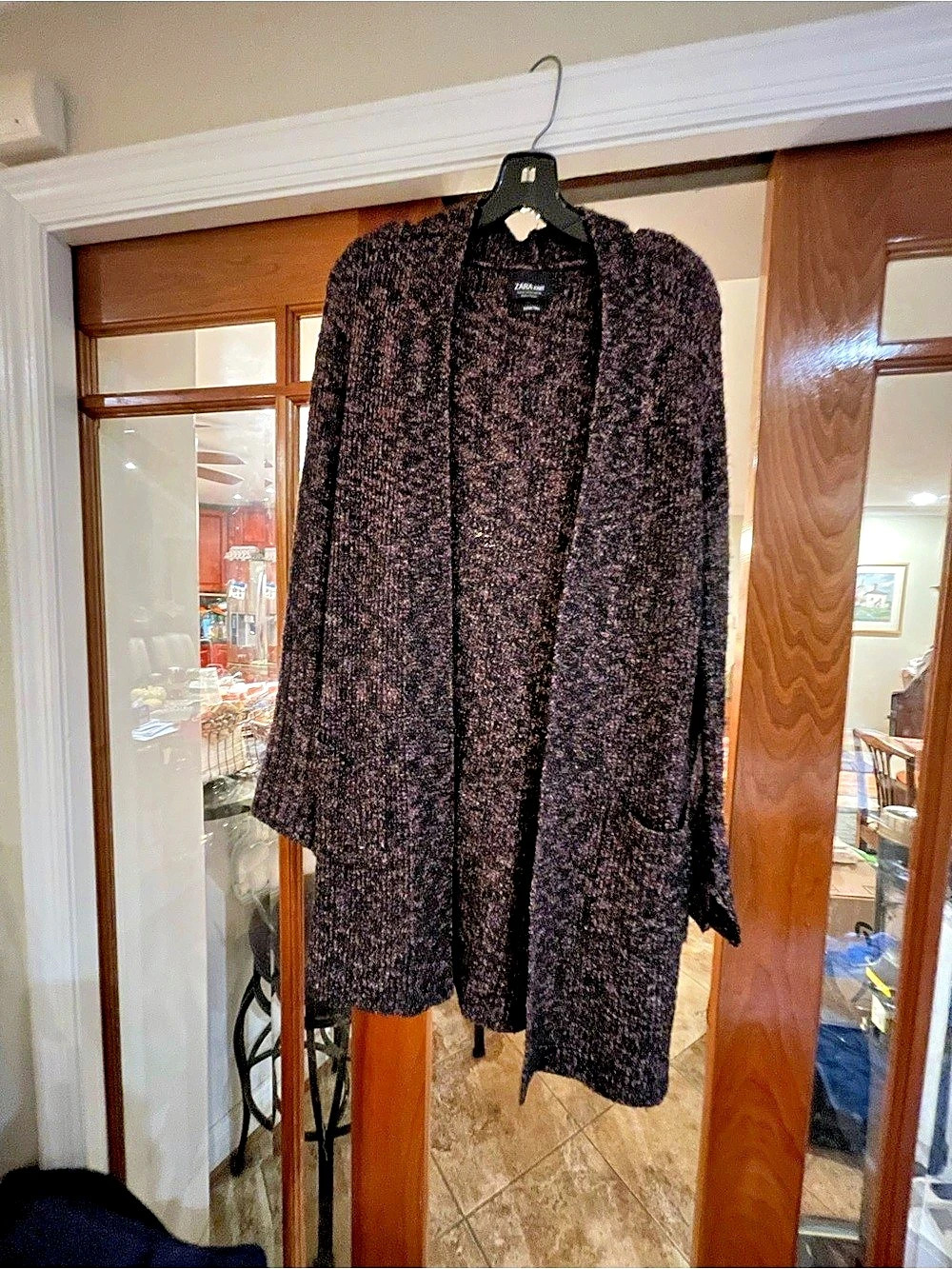 Zara Knit Textured Long Cardigan in Black & Red Size Medium